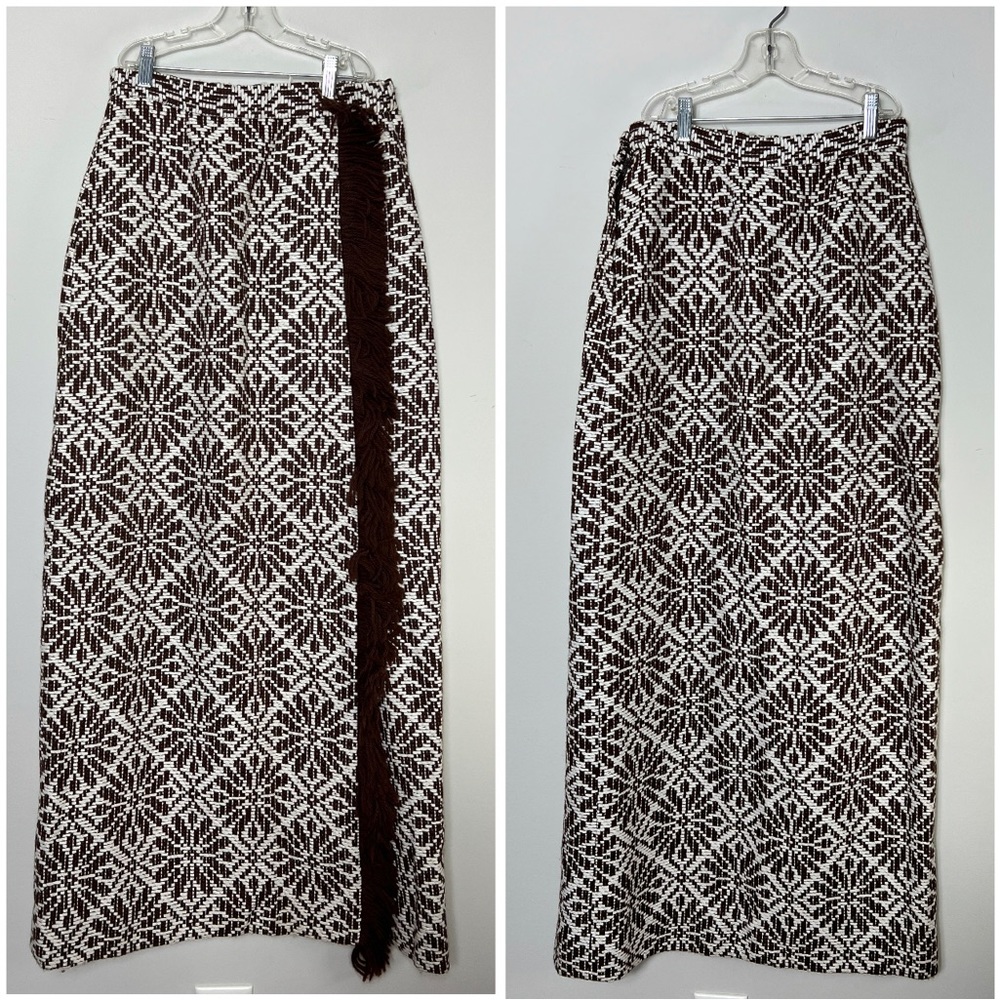 Vintage 1960s Woven Skirt Fringed Brown White Midi Length